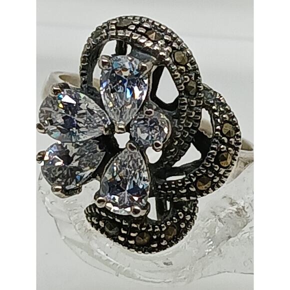 1990's Vintage Antique-Style Marcasite Sterling Silver Diamond CZ Size Ring 8.5 - Picture 9 of 9